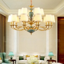 European Macaron Pure Brass Ceramics Chandelier with Fabric Shade