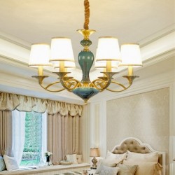 European Macaron Pure Brass Ceramics Chandelier with Fabric Shade