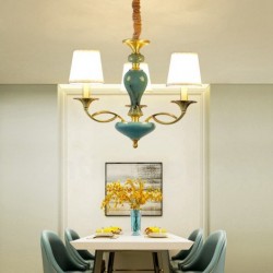 European Macaron Pure Brass Ceramics Chandelier with Fabric Shade