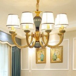 European Pure Brass Ceramics American Chandelier with Fabric Shade