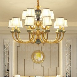 European Pure Brass Ceramics American Chandelier with Fabric Shade