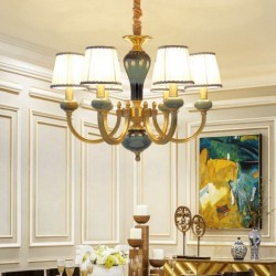 European Pure Brass Ceramics American Chandelier with Fabric Shade