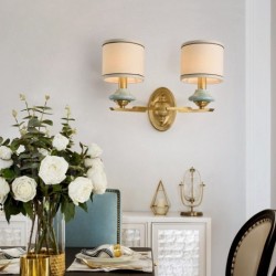 American Pure Brass Round Wall Light with Fabric Shade