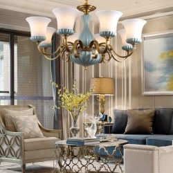 European Pure Brass American Luxurious 8 Light Chandelier with Glass Shade