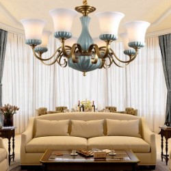 European Pure Brass American Luxurious 8 Light Chandelier with Glass Shade
