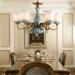 European Pure Brass American Luxurious 8 Light Chandelier with Glass Shade