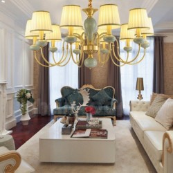 European Luxurious Pure Brass Macaron Jade Chandelier with Fabric Shade