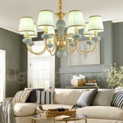 European Luxurious Pure Brass Macaron Jade Chandelier with Fabric Shade