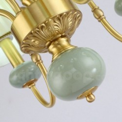 European Luxurious Pure Brass Macaron Jade Chandelier with Fabric Shade