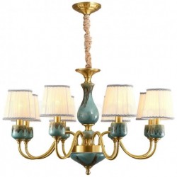 European Macaron Pure Brass Ceramics Chandelier with Fabric Shade