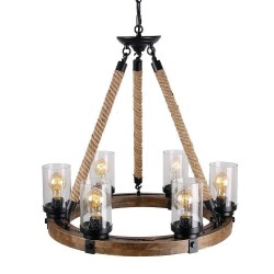 6 Light Ring Vintage Wooden Chandelier Industrial Wind Loft Coffee Wood Linear Pendant Lighting