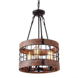 3 Light Drum Vintage Wooden Chandelier Industrial Wind Loft Coffee Wood Linear Pendant Lighting