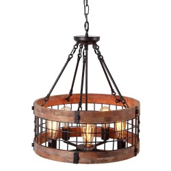 5 Light Drum Vintage Wooden Chandelier Industrial Wind Loft Coffee Wood Linear Pendant Lighting