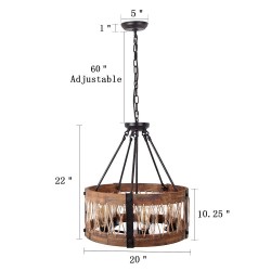 5 Light Drum Vintage Wooden Chandelier Industrial Wind Loft Coffee Wood Linear Pendant Lighting
