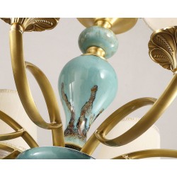 European Macaron Pure Brass Ceramics Chandelier with Fabric Shade