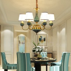 European Macaron Pure Brass Ceramics Chandelier with Fabric Shade