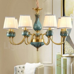 European Macaron Pure Brass Ceramics Chandelier with Fabric Shade