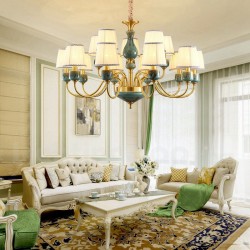 European Macaron Pure Brass Ceramics Chandelier with Fabric Shade