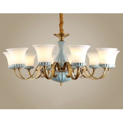 European Pure Brass American Luxurious 8 Light Chandelier with Glass Shade