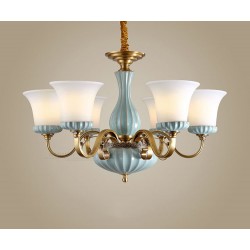 European Pure Brass American Luxurious 8 Light Chandelier with Glass Shade