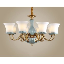 European Pure Brass American Luxurious 8 Light Chandelier with Glass Shade