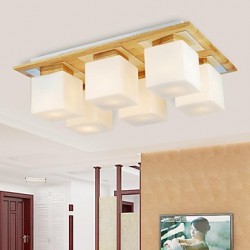 Oak Ceiling Lamp, Six Lights, Oak and Glass, 220~240V