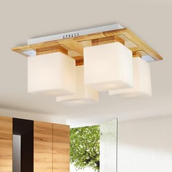Oak Ceiling Lamp, Four Lights, Oak and Glass, 220~240V (HY9024)
