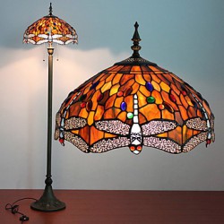60W Retro Pretty Floor Light Inlaid With Vivid Dragonflies Of Yellow Eyes And Colorful Beads