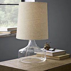 60W Modern Table Light with Beige Fabric Drum Shade and Blown Glass Base